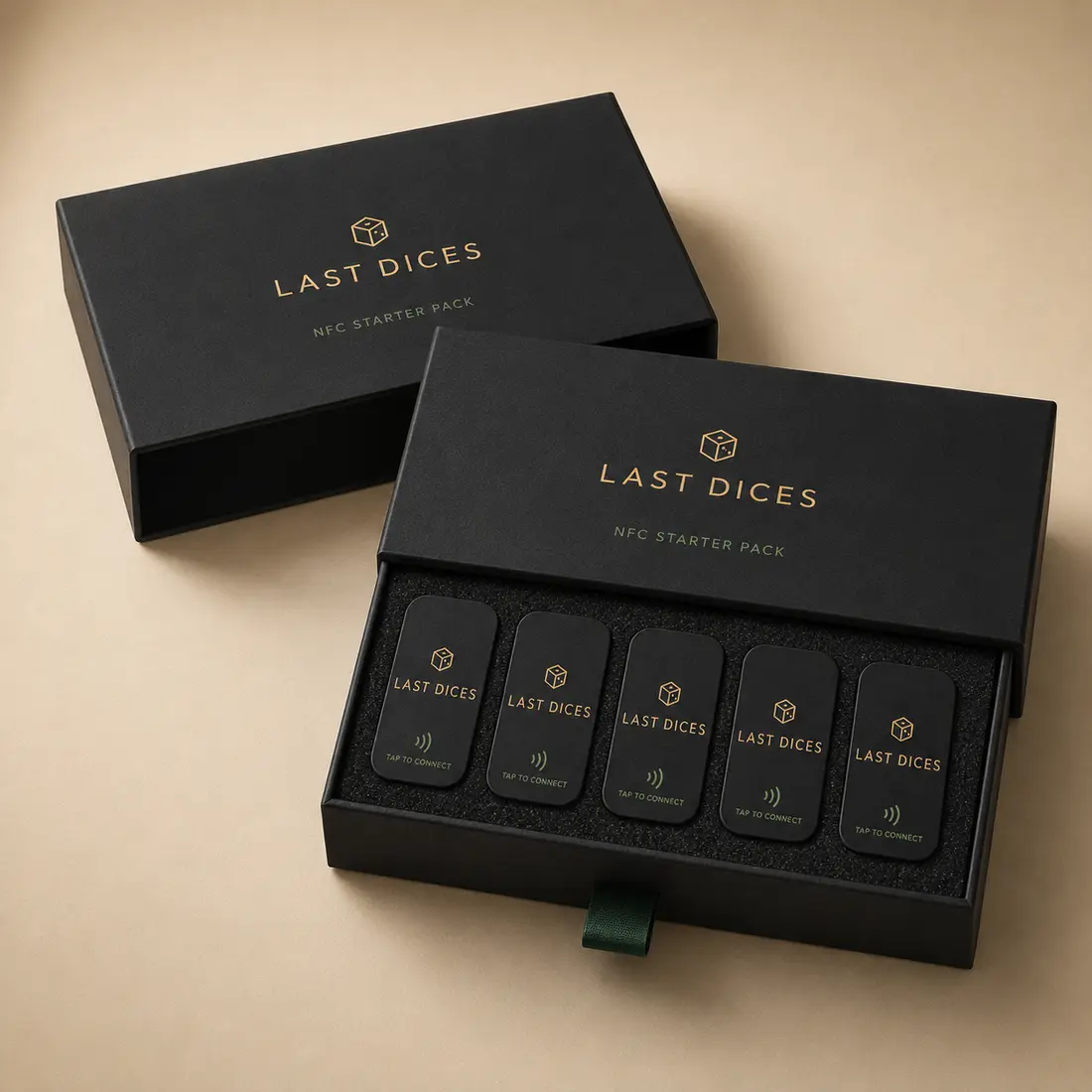 Five Last Dices Tap NFC stickers in branded starter-pack packaging