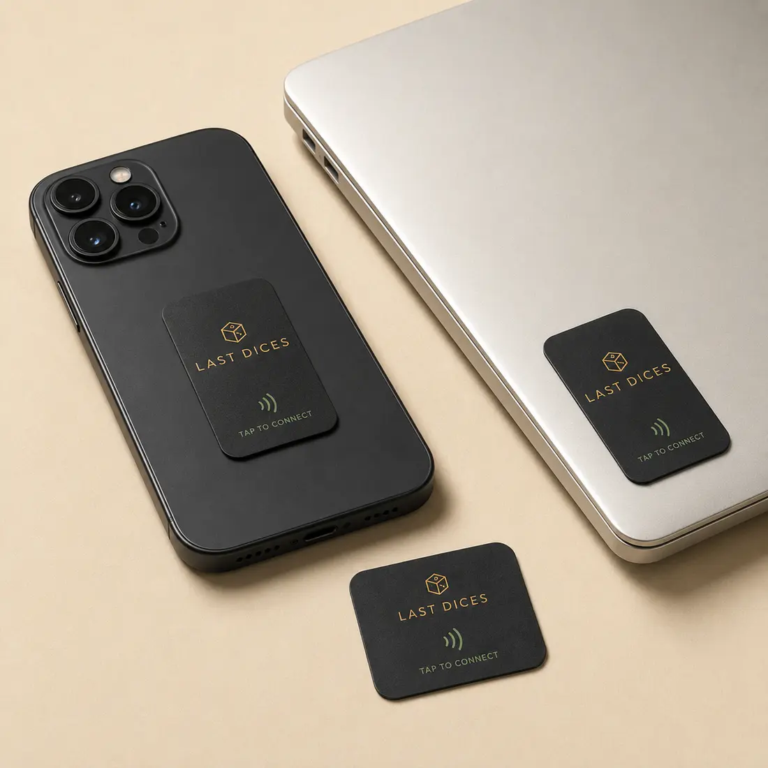 Last Dices Universal NFC stickers shown on a phone, laptop and standalone